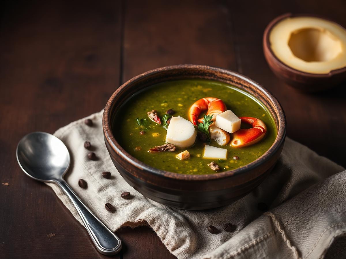 Bowl of green callaloo soup with crab and coconut