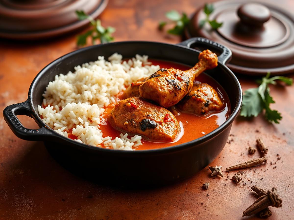 Chicken colombo curry in a cast iron pot with white rice
