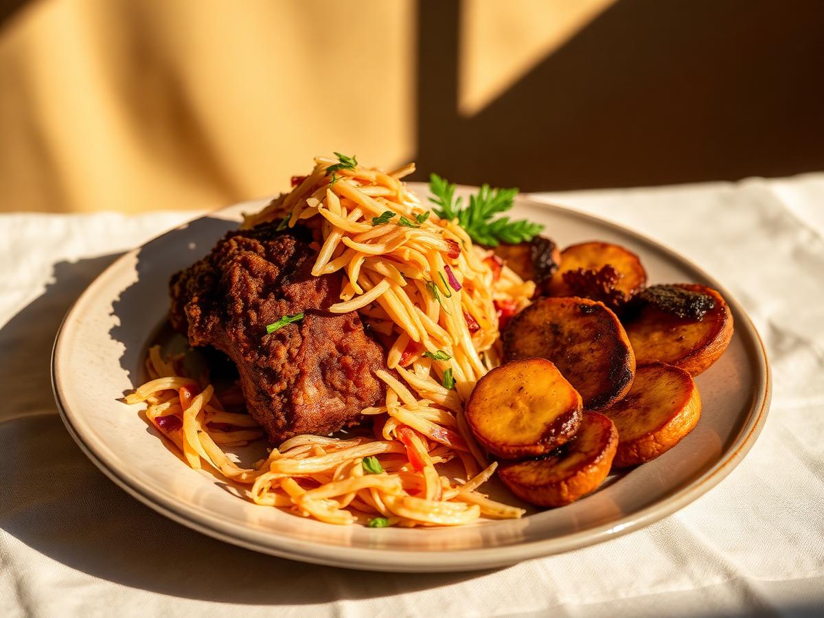 Fried Haitian griot pork with pikliz slaw and fried plantains